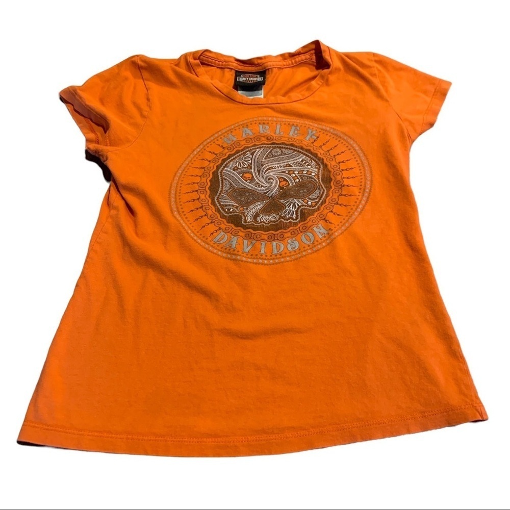 Harley Davidson Women’s Orange T-Shirt Biker Skull Pittsburg Tee